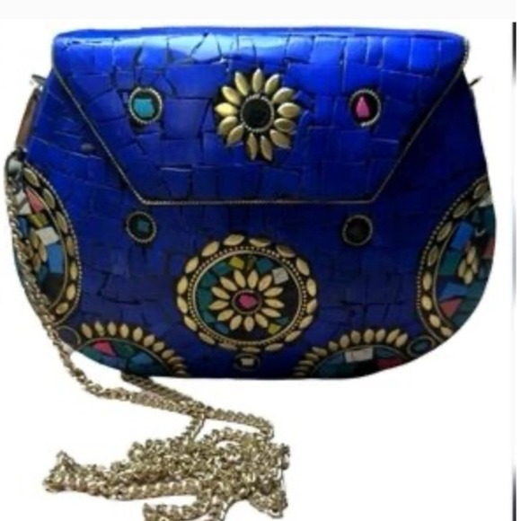 Ramla Stunning Blue Mosaic Clutch Crossbody Bag With Gold Chain